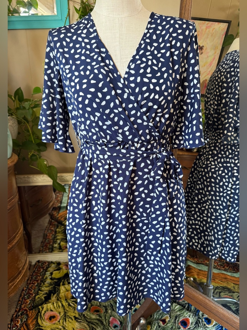 Navy Blue Polka-Spot Faux Wrap Mini Dress, Medium